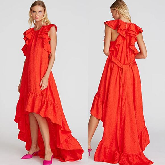NWT Amur Ruffled Gathered Floral-Jacquard Lined Cap Sleeve Hi-Lo Dress Red Sz: 0 - Picture 1 of 9